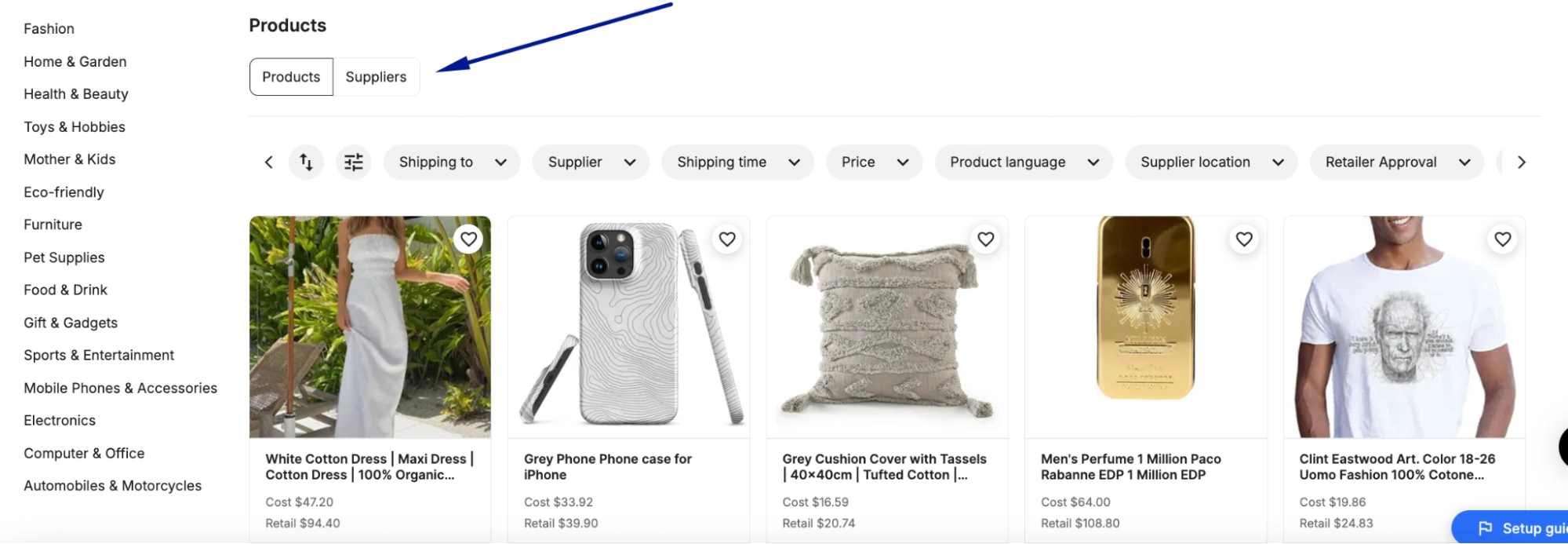 Head to the Search Products or Find Suppliers section inside Syncee